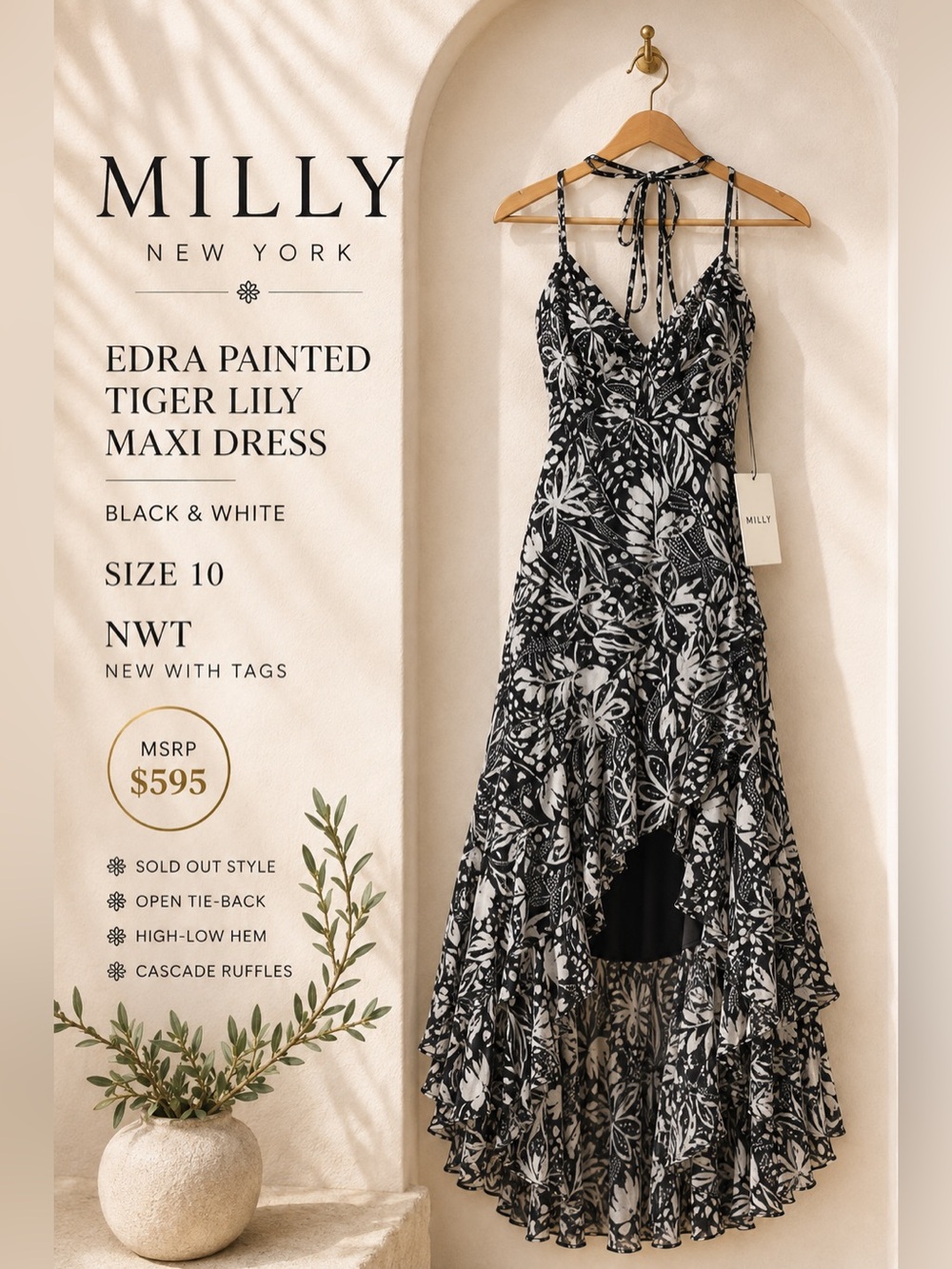 Milly Edra Painted Tiger Lily High-Low Maxi Dress Black White Size 10